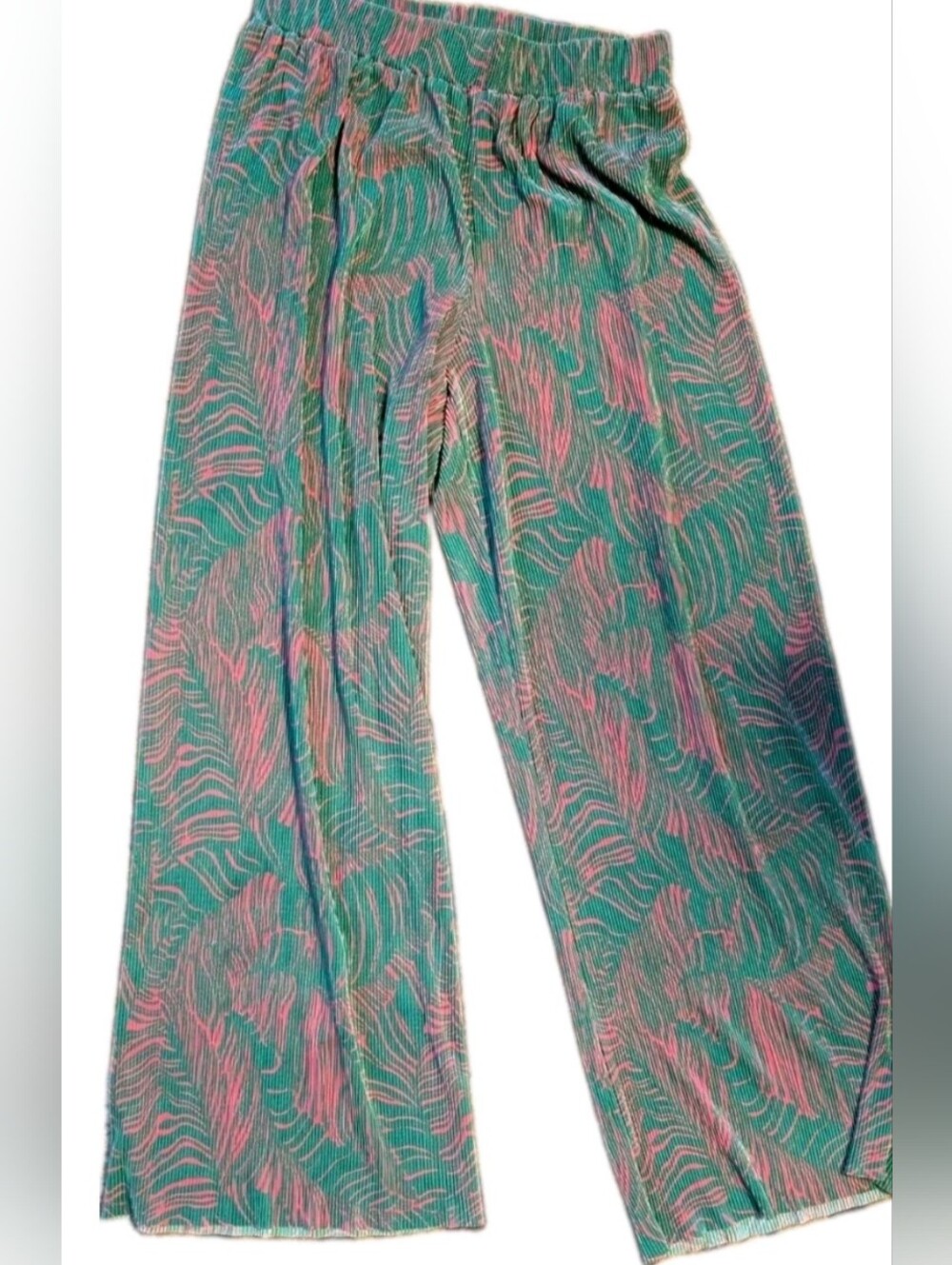 Green Pink Palm Intempo Wide Leg Flowy Pleated Pants Elastic Waist Size L